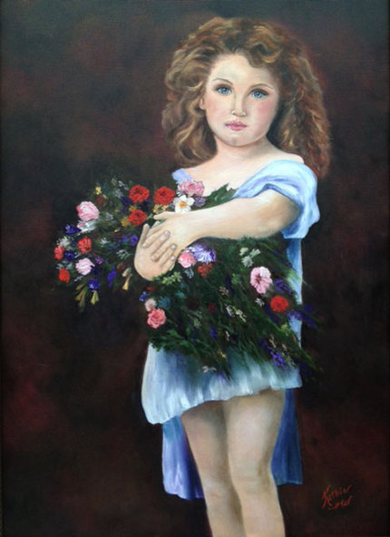 Innocence - 24x36 - Oil painting of a little girl holding flowers by Kathie Widing - www.kathiewiding.com