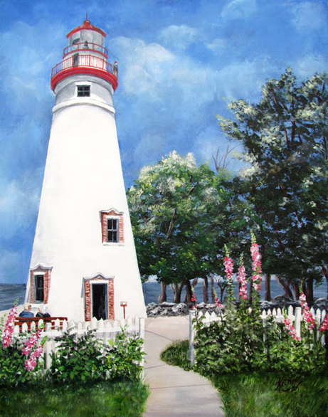 Marblehead Lighthouse and Hollyhocks - 16x20 - Oil painting of Marblehead lighthouse by Kathie Widing - www.kathiewiding.com