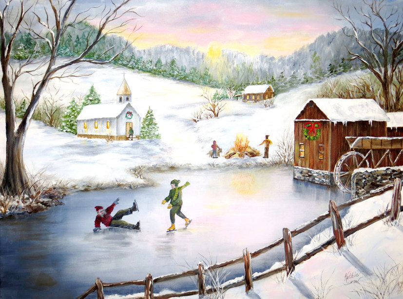 Never Give Up - 18x24 - Acrylic painting of children skating on a winter pond by Kathie Widing - www.kathiewiding.com