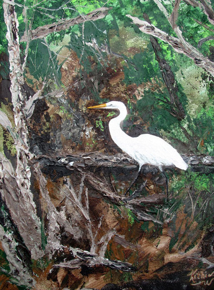 The Wary Egret - 20x16 - Acrylic painting of an egret by Kathie Widing - www.kathiewiding.com