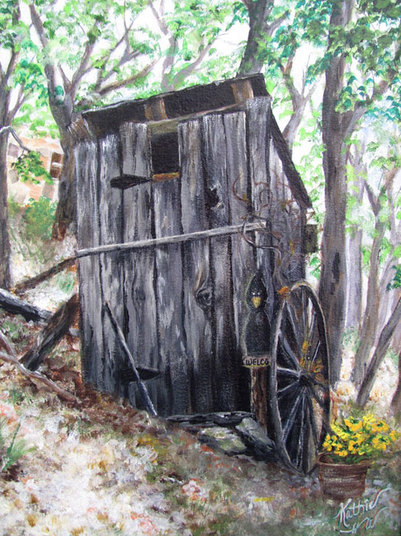 History - 11x14 - Oil painting of a rustic outhouse by Kathie Widing - www.kathiewiding.com