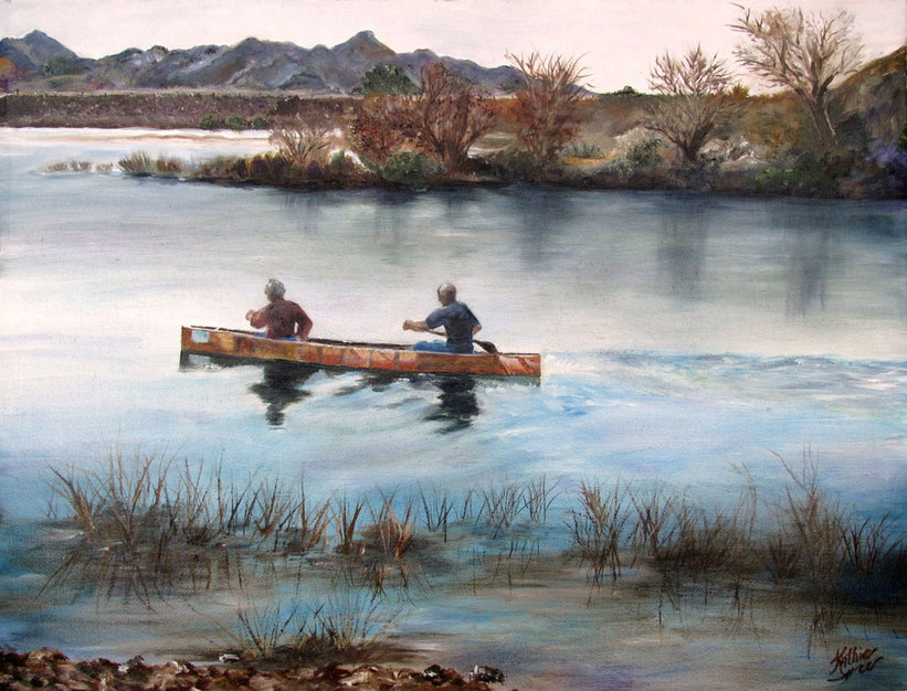 Widing Brothers in Training - 16x20 - Oil painting of men paddling a canoe down river by Kathie Widing - www.kathiewiding.com