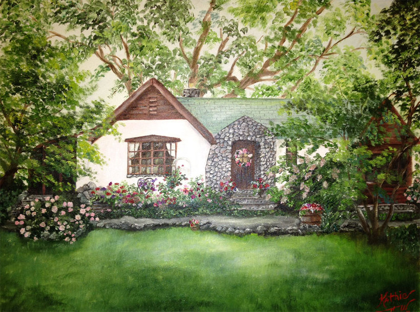 Day Off - 16x20 - Oil painting of cottage style house by Kathie Widing - www.kathiewiding.com