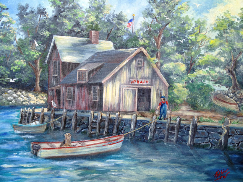 Day Off - 16x20 - Oil painting of a fisherman and bait shop by Kathie Widing - www.kathiewiding.com