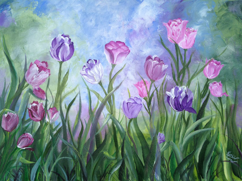 Springtime Splendor - 18x24 - Mixed media painting of spring flowers by Kathie Widing - www.kathiewiding.com